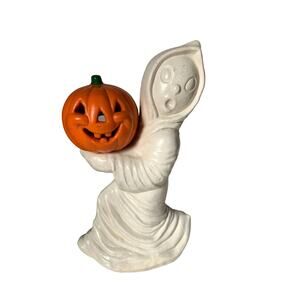 Vtg Halloween Ceramic Ghost Holding a Pumpkin Jacko Lantern (Light not included)